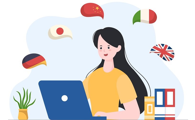 Language School Template Hand Drawn Cartoon Flat Illustration of Online Learning, Courses, Training Program and Study Foreign Languages Abroad