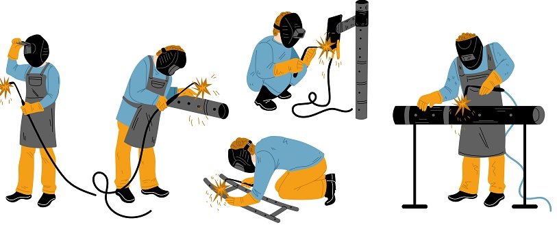 Welder, construction worker repairs pipes