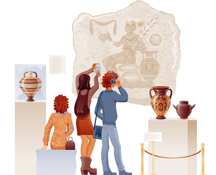 Museum vector. Art gallery exhibition with people. Illustration of ancient greek roman painting statue pottery. Cartoon flat museum. Vector vase exhibition. Historic hall design. Antique art interior