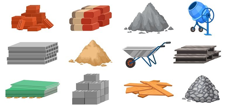 Construction material piles and equipment, cement, sand and bricks. Building blocks, wood planks, wheelbarrow and concrete mixer, vector set