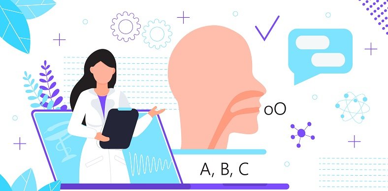 Speech therapist for online consultation concept vector. Family doctor for remote and distance medical support. Psychological help service after a stroke for patients.